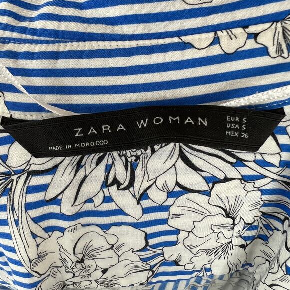 ZARA Blue White S Blouse Striped Floral 3/4 Sleeve Button Up Collar Regular Fit - Picture 6 of 7